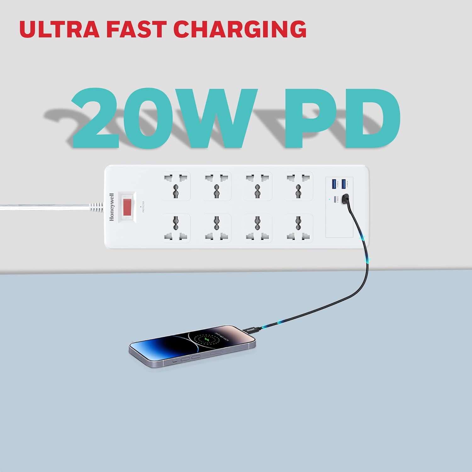 Honeywell 8 Out Surge Protector with Master Switch, Spike Guard/Extension board, 8 Outlet, 2xPD20W & 2xUSB, 1050 Joules, 1.8 Meter Cord, DSW, Automatic Overload Protection- White