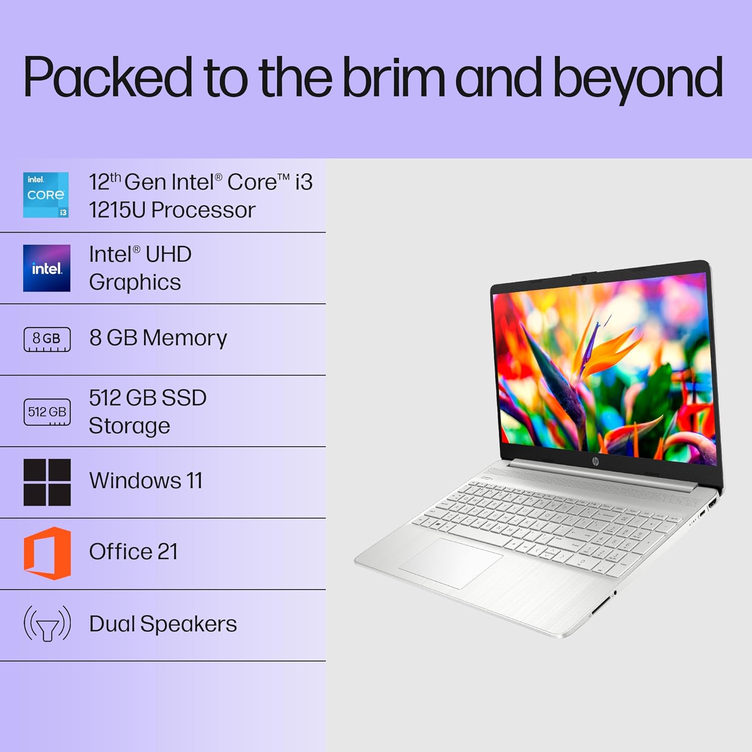HP 15s-fq5007TU Intel Core i3 12th Gen 1215U - (8 GB/512 GB SSD/Windows 11 Home) Thin and Light Laptop  (15.6 inch, Silver, 1.69 kg, With MS Office)
