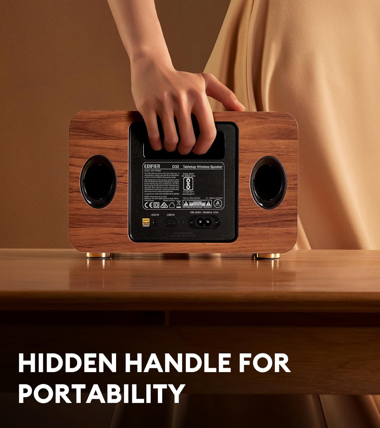 Edifier D32 Tabletop Wireless Speaker, Hi-Res Audio Bluetooth Speaker, Portable Retro Combo Speaker, 60 Watts RMS, Bluetooth 5.3- Brown