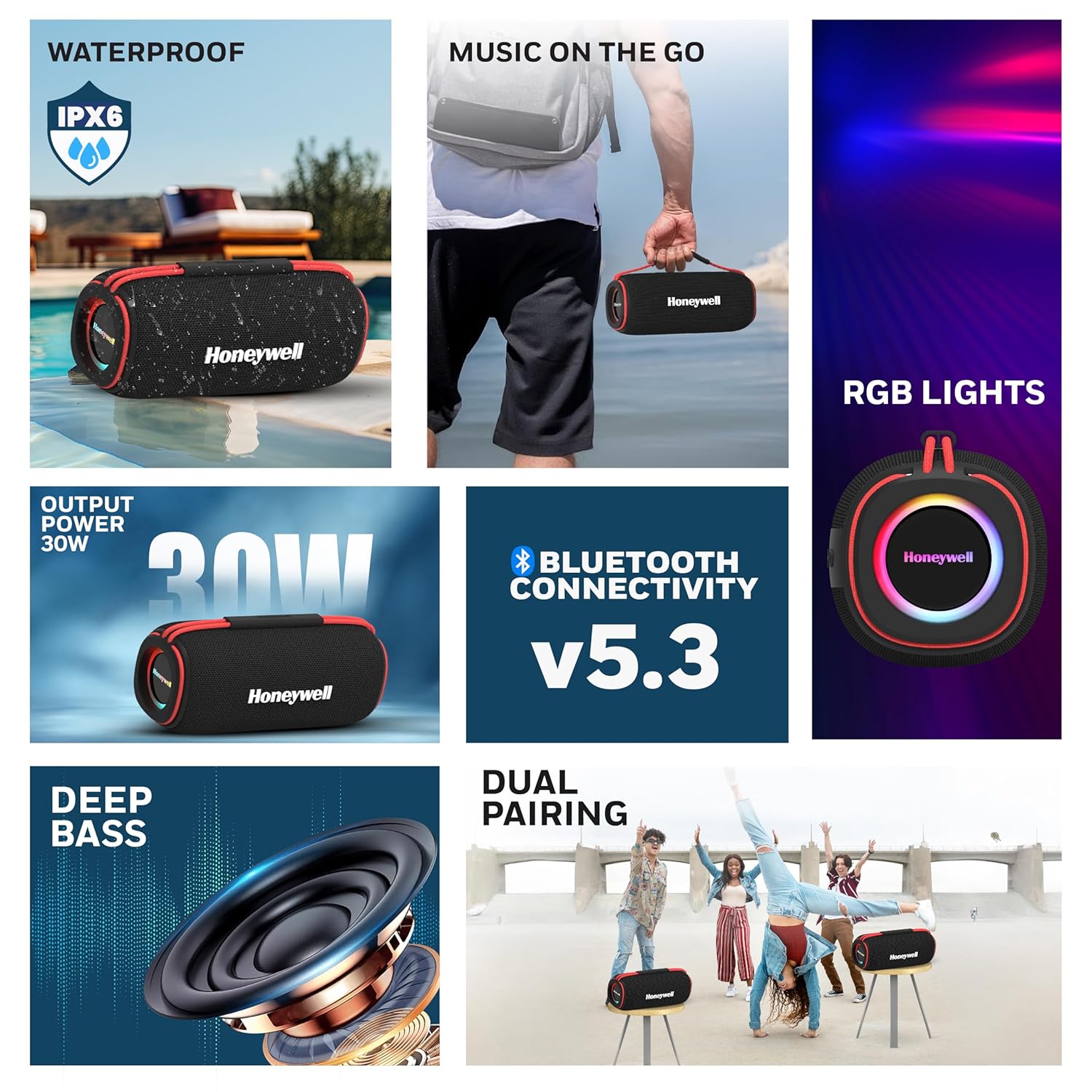 Honeywell Trueno U400 30W 5.3 Bluetooth Speaker, Deep Bass Radiators, 15H Playtime, IPX 6, TWS Feature, RGB Lights, SD Card, AUX, USB Type-C Port- Black