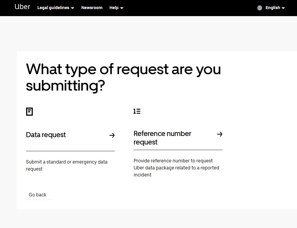 Uber LERT: choosing between a Data request and a Reference number request.