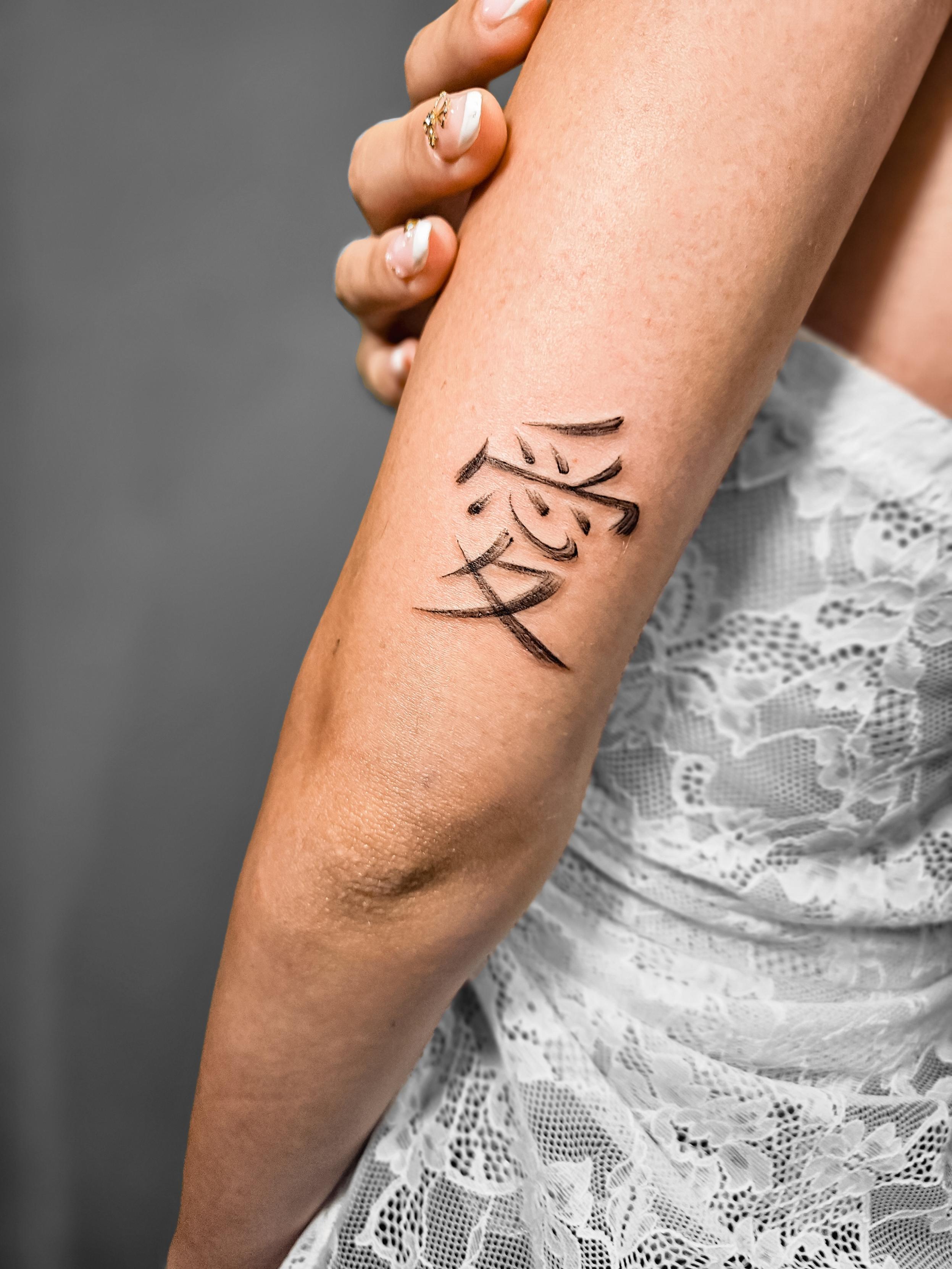 Ce tatouage présente des caractères asiatiques, probablement chinois ou japonais, réalisés dans un style calligraphique…