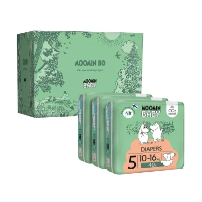 Moomin Baby 5 Maxi 10–16 kg eko pleny v dárkovém boxu 120 ks