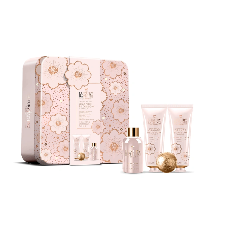 Grace Cole Set cadou pentru îngrijirea corpului in cutie metalică Creme brulée, Floare de portocal 4 buc
