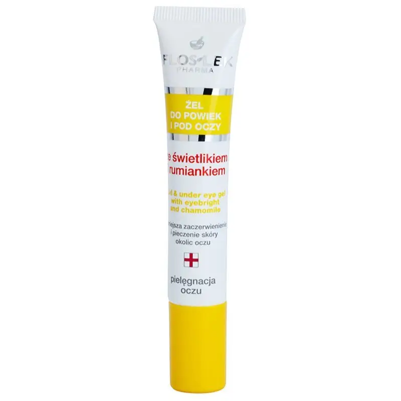FlosLek Pharma Eye Care Gel pentru  jurul ochilor cu un luminator și mușețel 15 ml