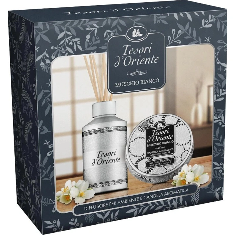Tesori d'Oriente White Musk - difuzor cu bețișoare parfumate 250 ml + lumânare 109 g
