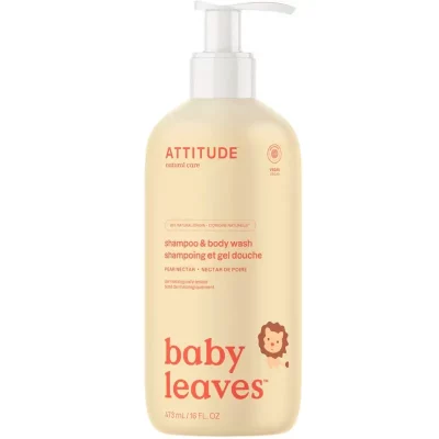 ATTITUDE Baby Leaves Detské telové mydlo a šampón (2v1) s vôňou hruškovej šťavy 473 ml