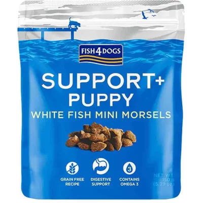 FISH4DOGS Maškrty pre šteniatka na podporu trávenia s kúskami bielej ryby a prebiotikami 150g