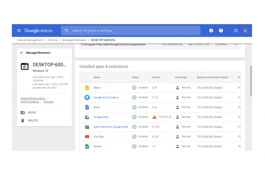 The image shows installed apps & extensions for a managed browser in the admin console. Image courtesy of Google Cloud.