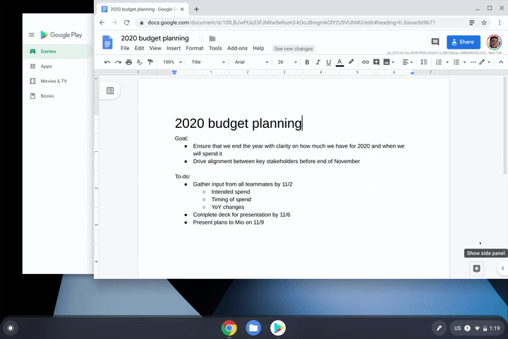 Image shows Virtual Desks on a Chrome OS. A budget planning doc is in one space and a personal non-work related space is in another. Image courtesy of Google Cloud.