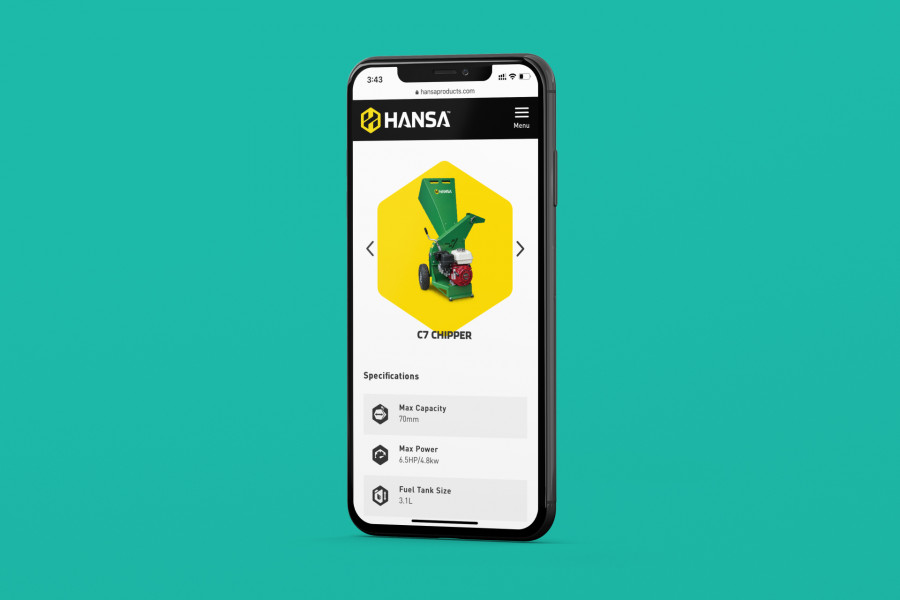 Hansa Products website is displayed on a mobile phone. The phone shows a C7 Chipper.