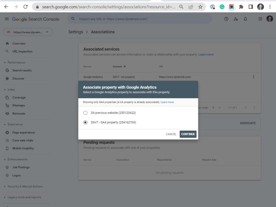 search console connecting new property