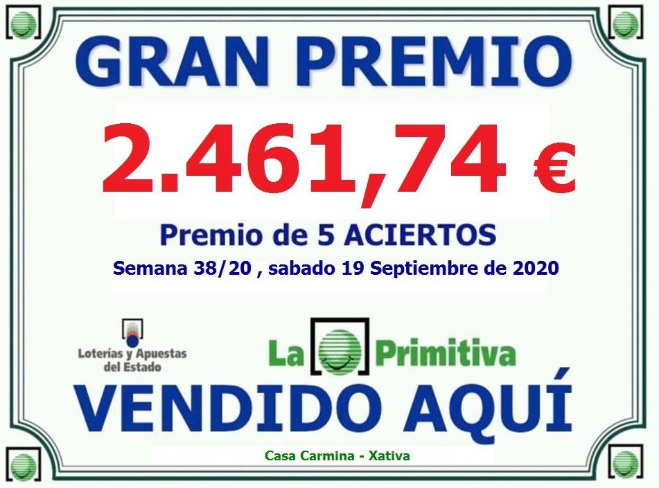 Premio 5 Aciertos de la lotería primitiva del Sábado 19 de Septiembre del 2020.