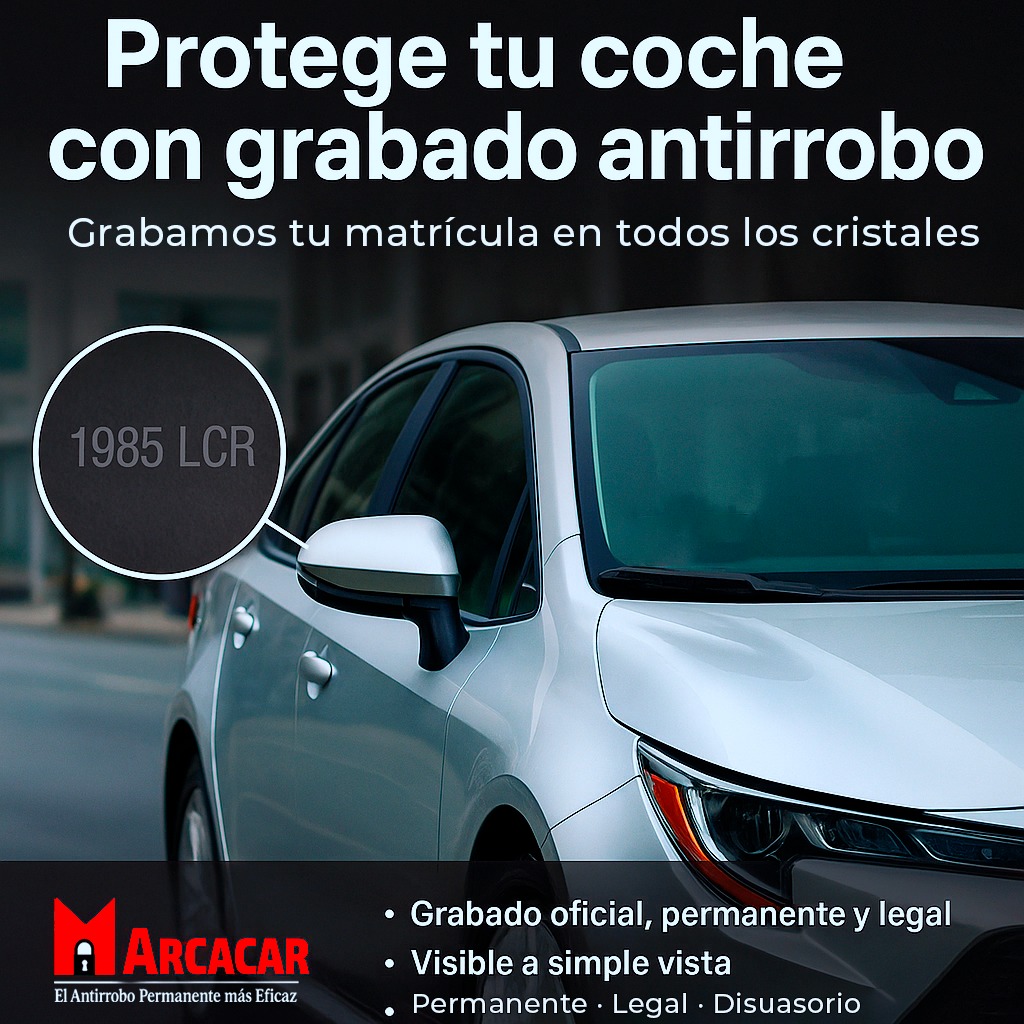 Grabación del número de matrícula y/o del bastidor del vehículo (VIN, número de identificación del vehículo) en las lunas fijas y móviles del mismo sin alterar las propiedades físicas