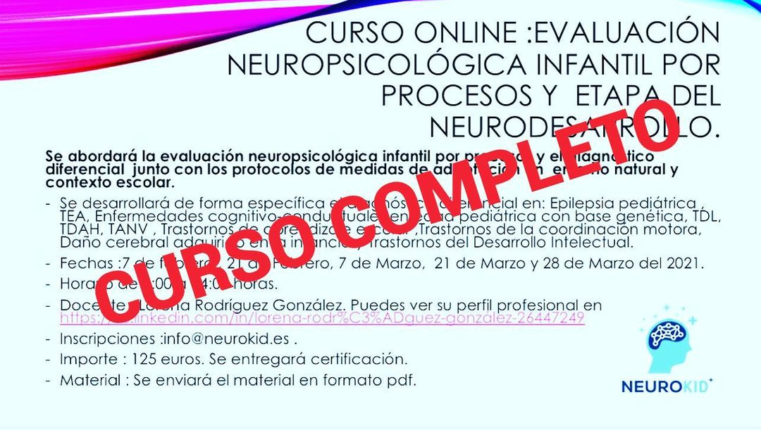 CURSO ONLINE :EVALUACIÓN NEUROPSICOLÓGICA INFANTIL POR PROCESOS Y ETAPA DEL NEURODESARROLLO