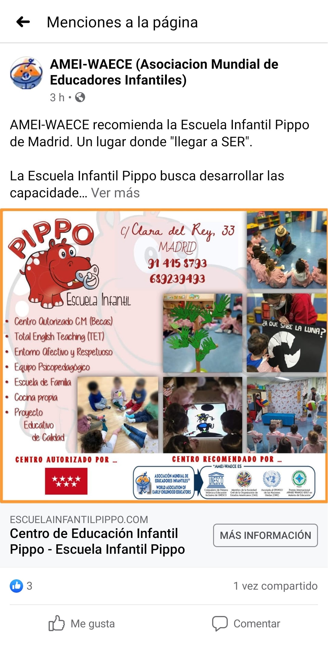 Escuela Infantil Pippo: reconocida por AMEI-WAECE