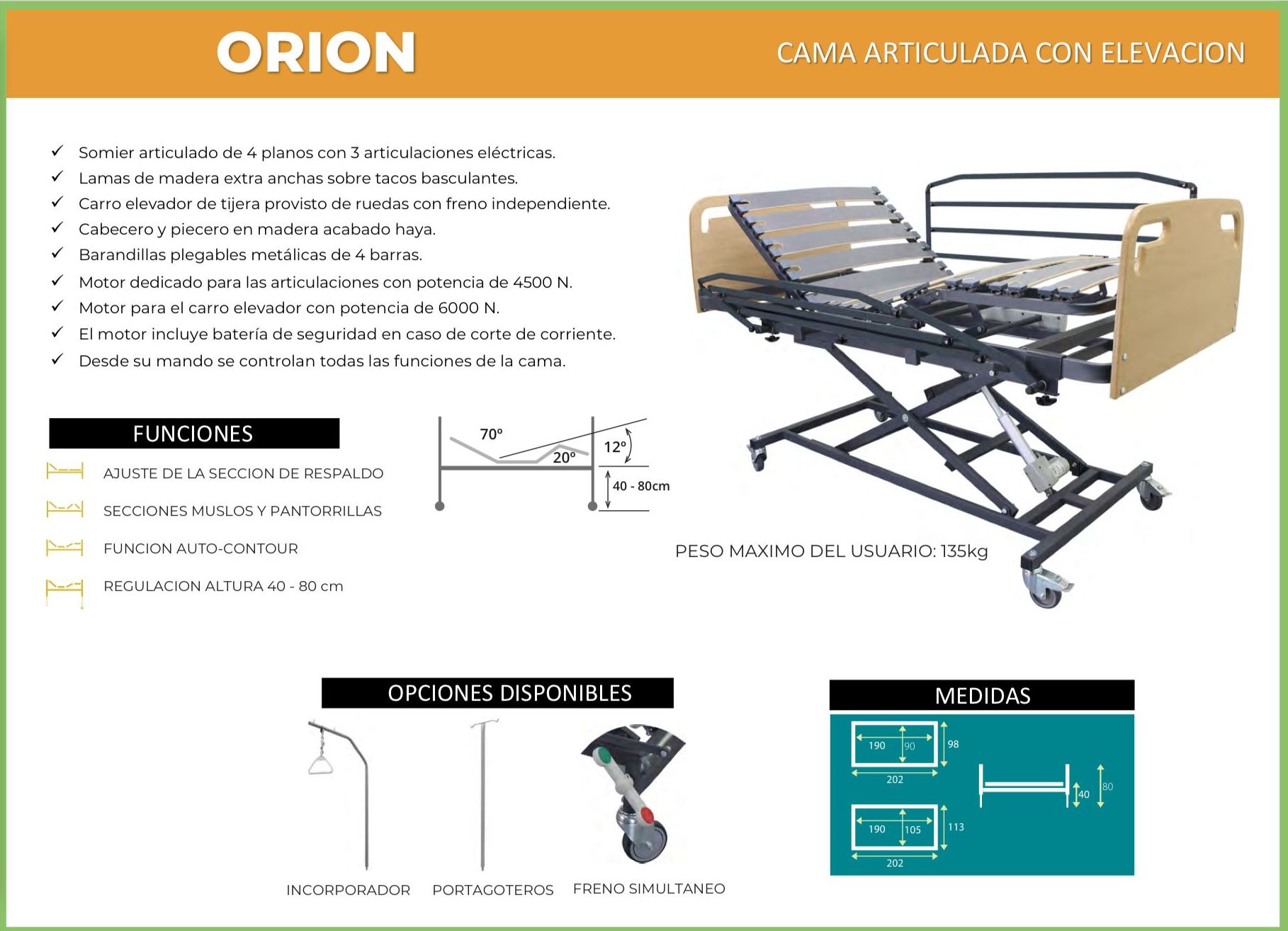 Cama articulada con carro elevador Orion