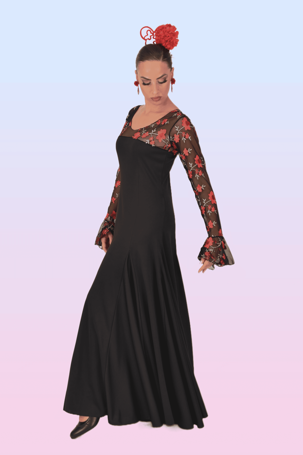 Vestido con Mangas de Encaje Floral y Volantes Anuka