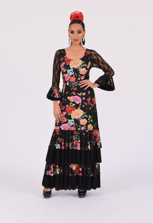 Vestido flamenco elástico estampado de flores con 4 volantes y mangas de encaje