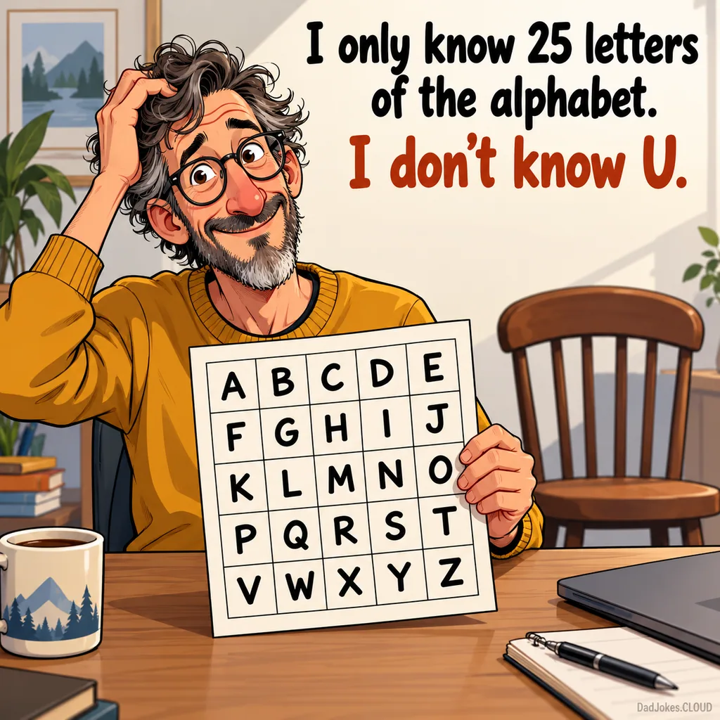 Missing One Letter. I only know 25 letters of the alphabet. I don't know U.