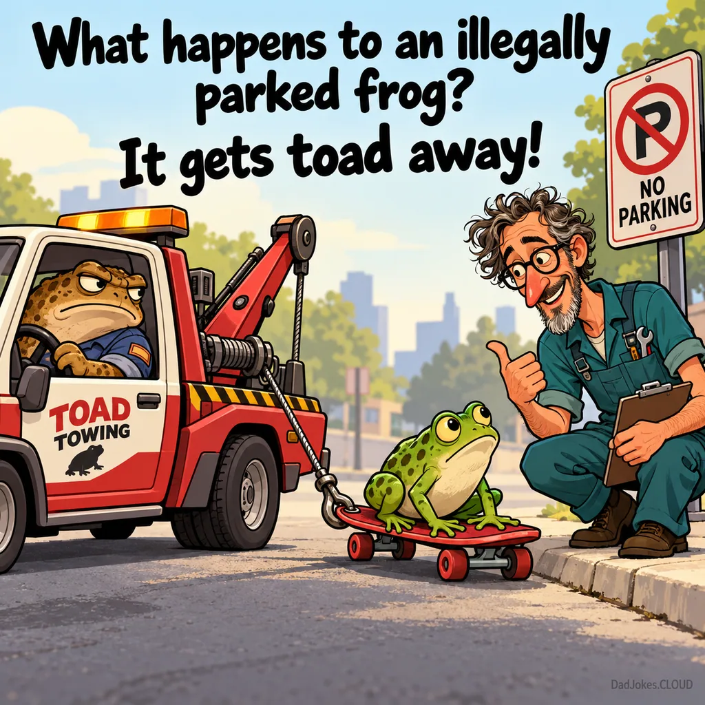 Hop in a Tow Zone. What happens to an illegally parked frog? It gets toad away!