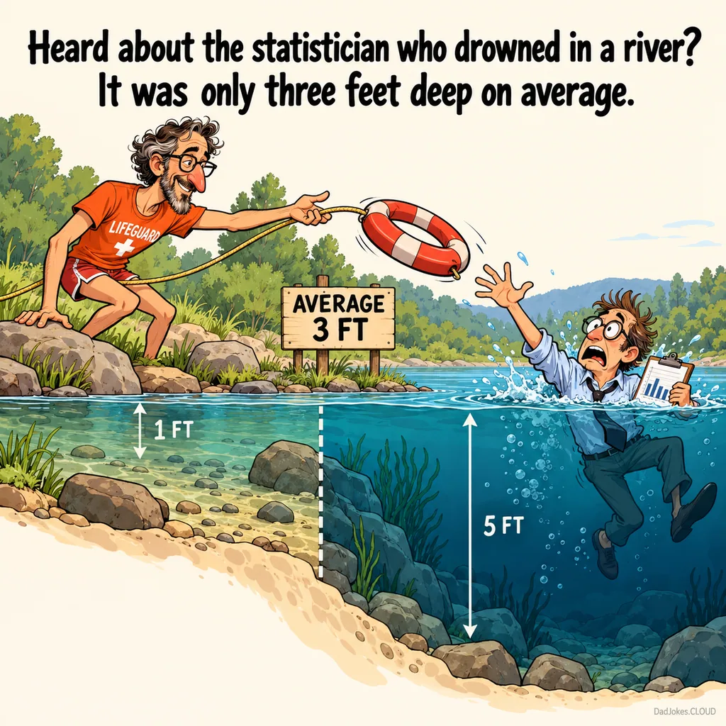 Statistician Goes Swimming. Heard about the statistician who drowned in a river? It was only three feet deep on average.