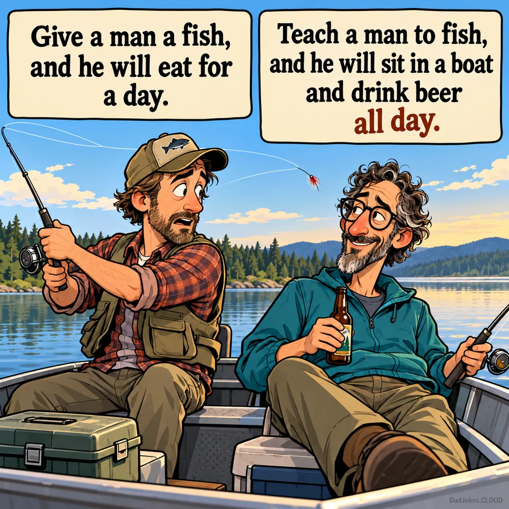 Ancient Wisdom Updated. Give a man a fish, and he will eat for a day. Teach a man to fish, and he will sit in a boat and drink beer all day.