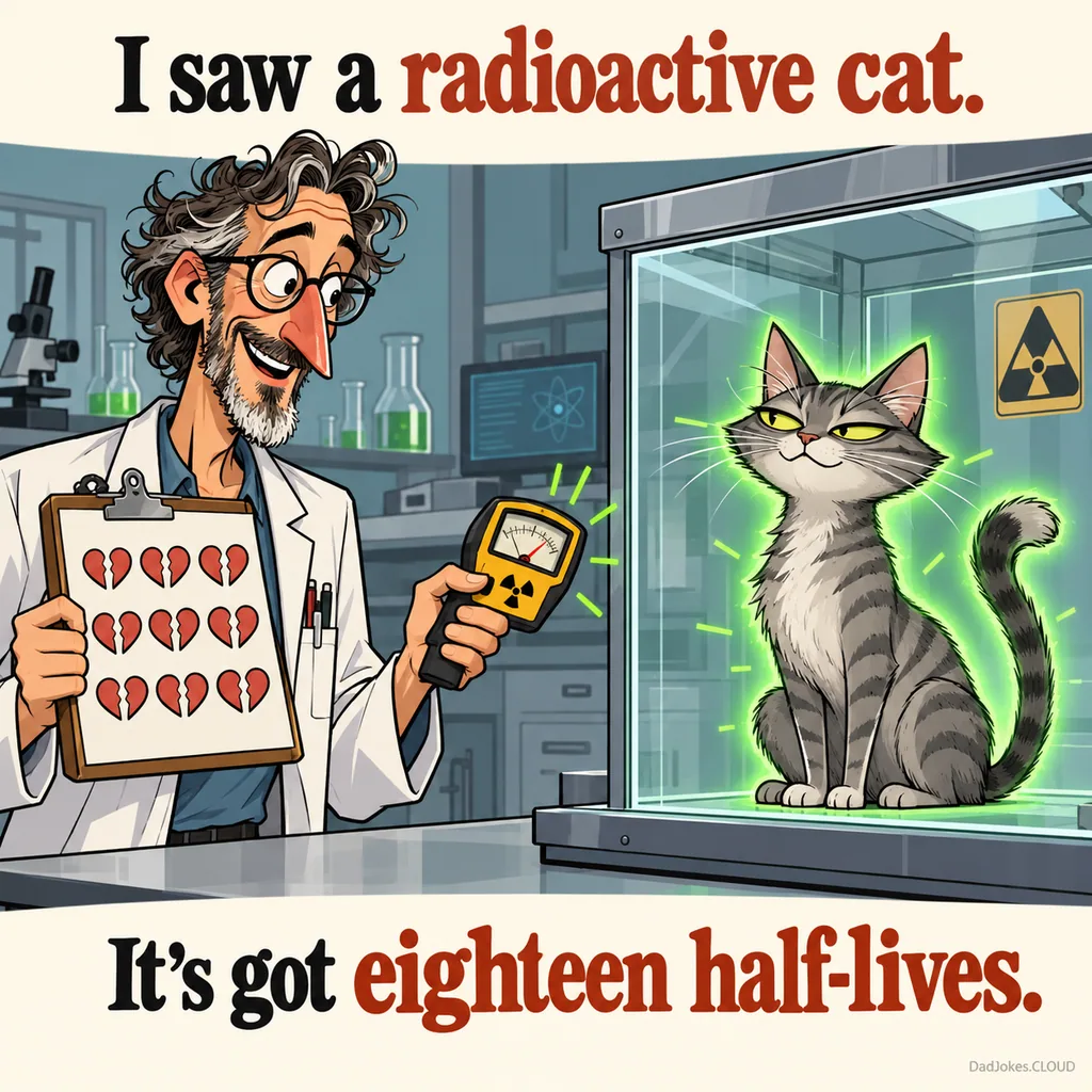 Glowing Tabby Sighted. I saw a radioactive cat. It's got eighteen half-lives.