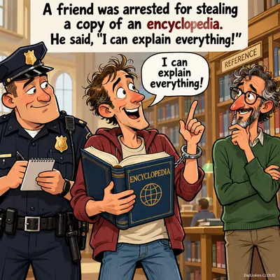A friend was arrested for stealing a copy of an encyclopedia. He said, "I can explain everything!"