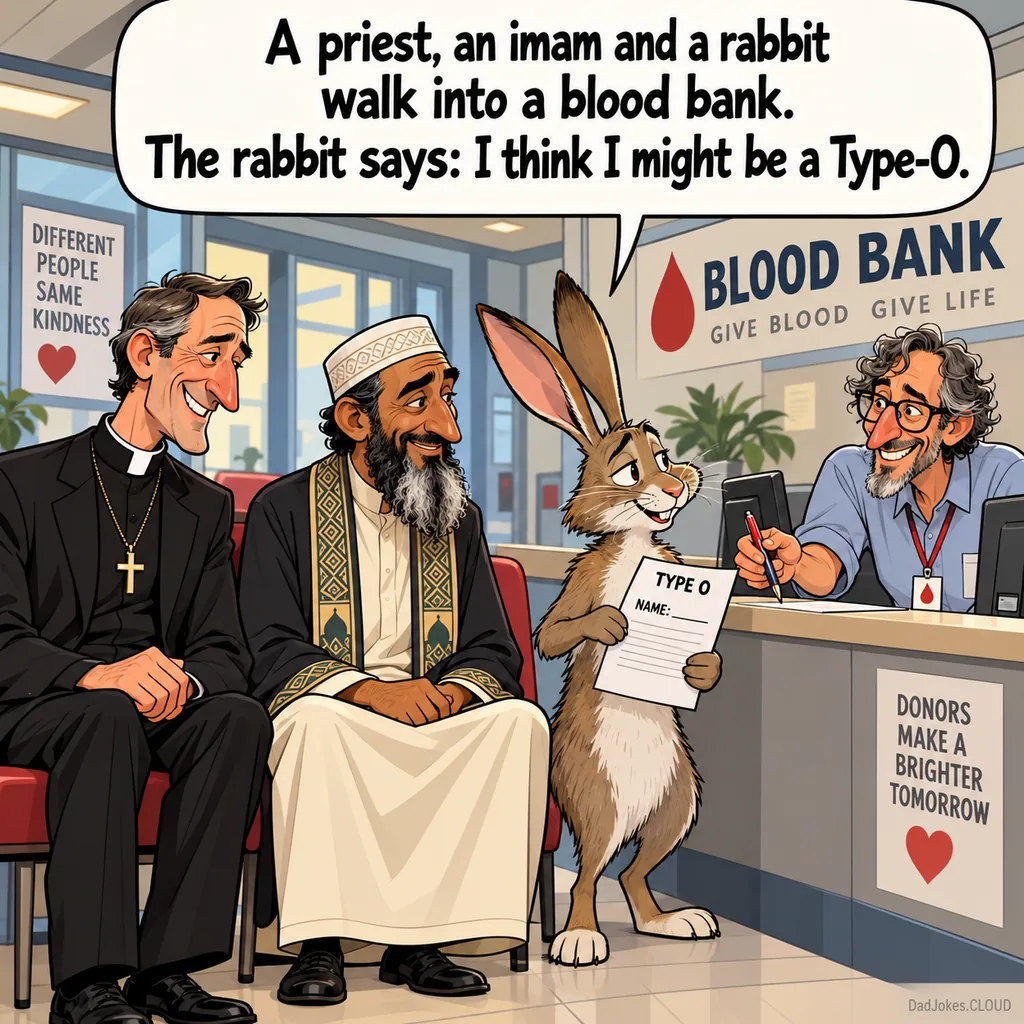 Bunny Walks Into Setup. A priest, an imam and a rabbit walk into a blood bank. The rabbit says: I think I might be a Type-O.
