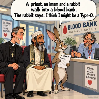 A priest, an imam and a rabbit walk into a blood bank. The rabbit says: I think I might be a Type-O.