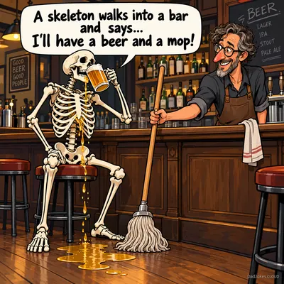 A skeleton walks into a bar and says… I’ll have a beer and a mop!