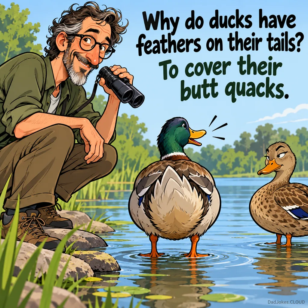A Tail of Modesty. Why do ducks have feathers on their tails? To cover their butt quacks.