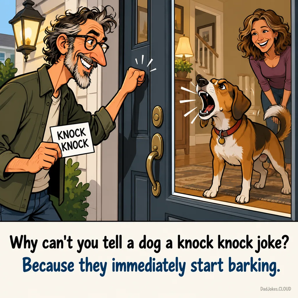 Knock Knock Foiled. Why can't you tell a dog a knock knock joke? Because they immediately start barking.