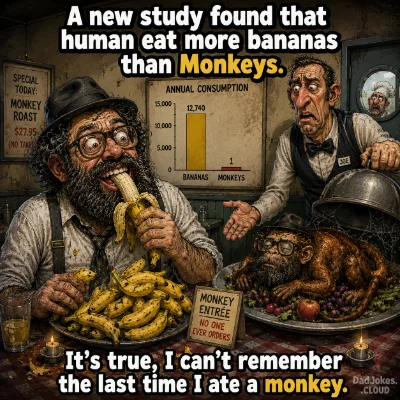 A new study found that humans eat more bananas than monkeys. It's true, I can't remember the last time I ate a monkey.