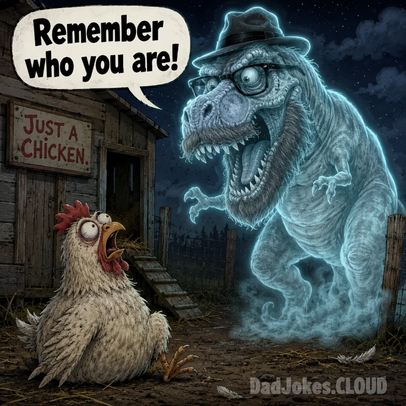 Haunted Henhouse. A Tyrannosaurus Ghost appears to the chicken, saying “Remember who you are!”