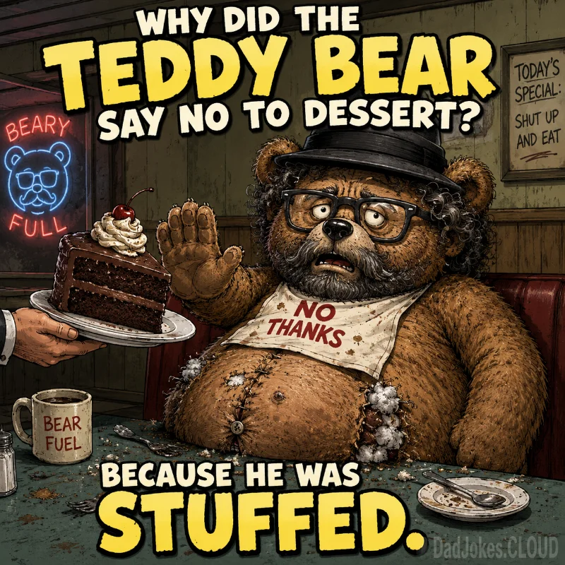 Bear Passes on Pudding. Why did the teddy bear say no to dessert? Because she was stuffed.
