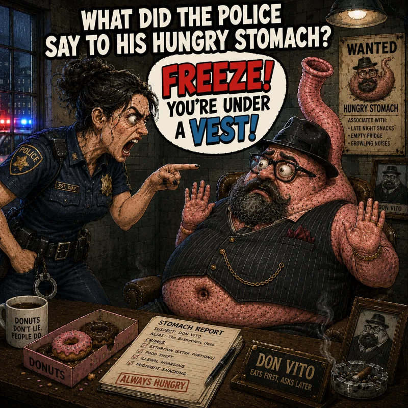 Belly of the Law. What did the police say to his hungry stomach? Freeze! You're under a vest!