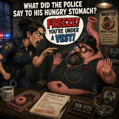 What did the police say to his hungry stomach? Freeze! You're under a vest!