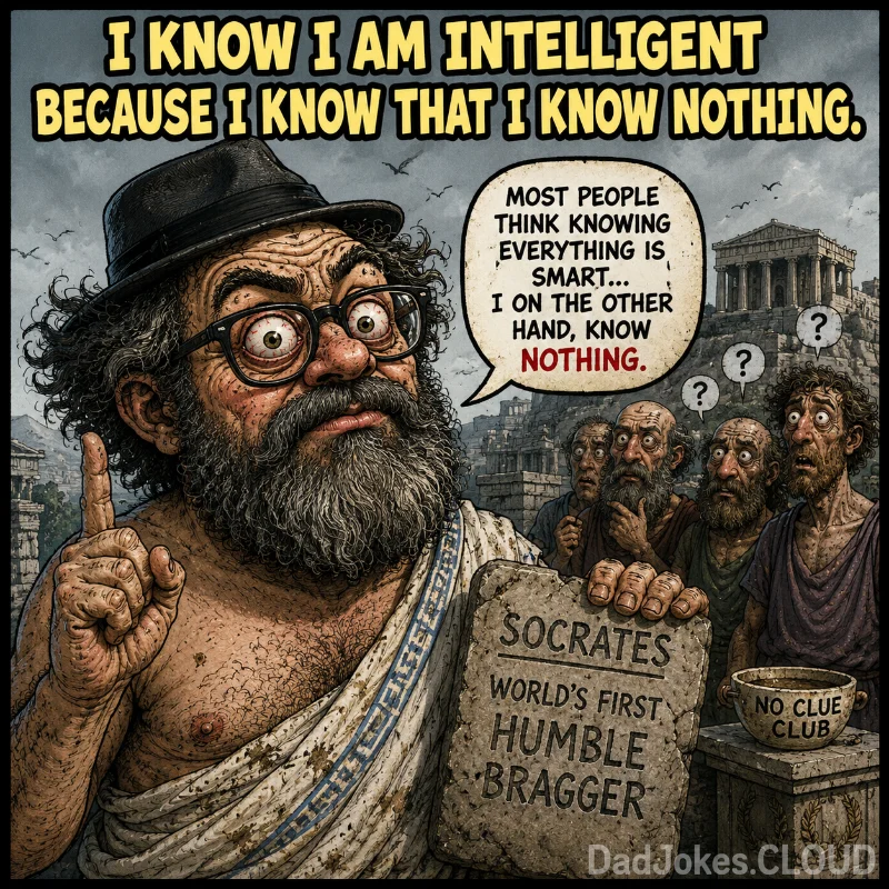 Socrates in Slippers. I know I am intelligent because I know that I know nothing.