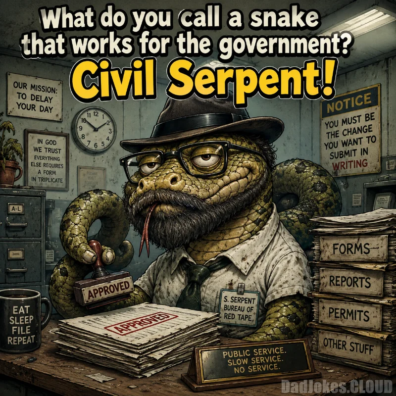 Reptiles on the Payroll. What do you call a snake that works for the government? Civil serpent!