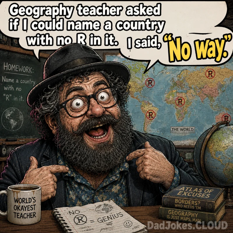 Geography Pop Quiz. Can you name a country with no 'R' in it? No way!