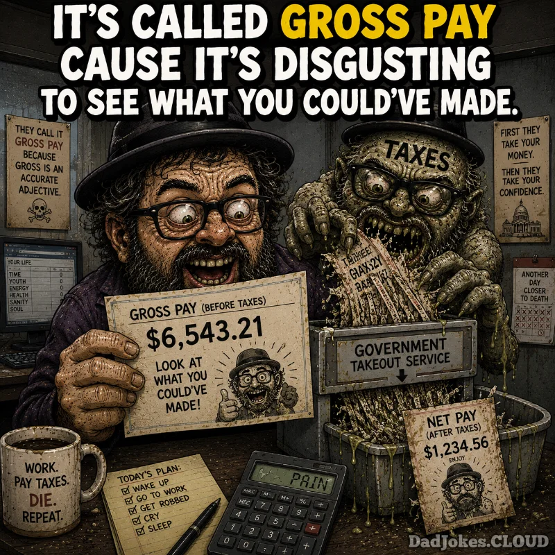 The Top Number Lies. It's called gross pay because it's disgusting to see how much money you would have made before taxes.