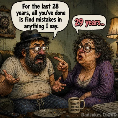 Husband: For the last 28 years, all you've done is find mistakes in anything I say. Wife: 29 years…