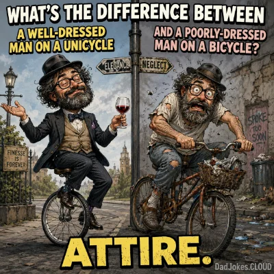 What's the difference between a well-dressed man on a unicycle and a poorly dressed man on a bicycle? Attire.