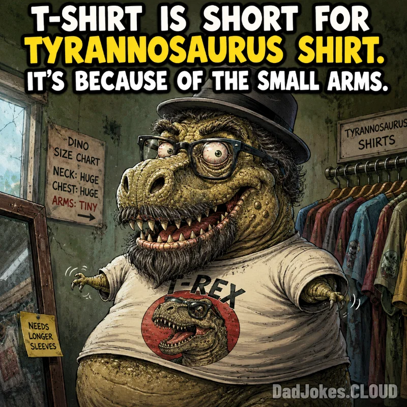 Wardrobe Origin Story. T-shirt is short for tyrannosaurus shirt. It's because of the small arms.