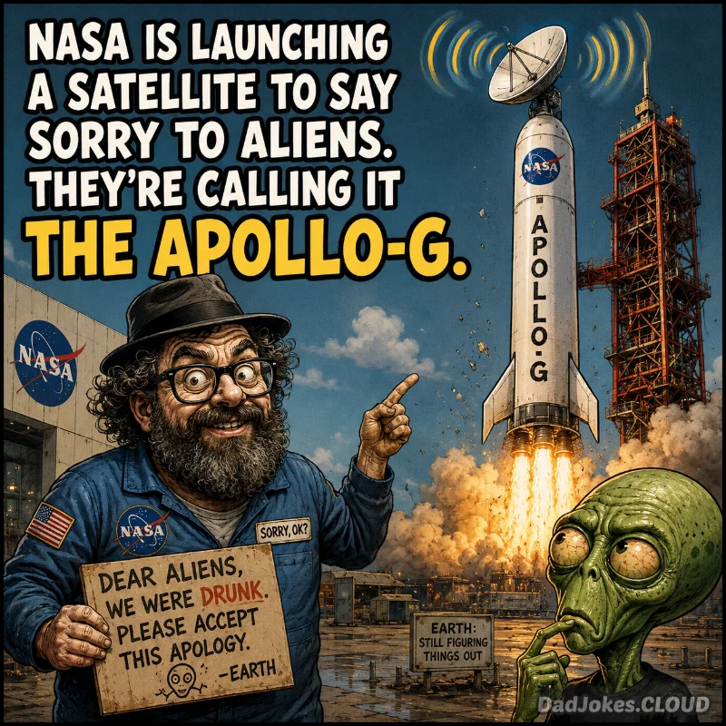 Houston We Owe One. NASA is launching a satellite to say sorry to aliens. They're calling it the Apollo-G.