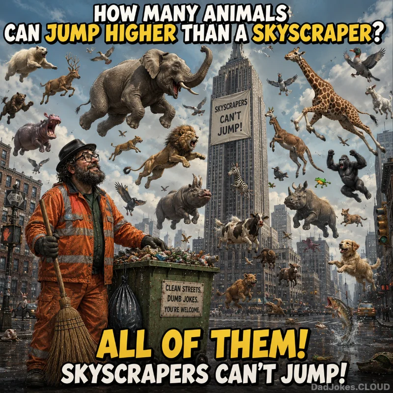 Trick Question Champion. How many animals can jump higher than a skyscraper? All of them! Skyscrapers can't jump!