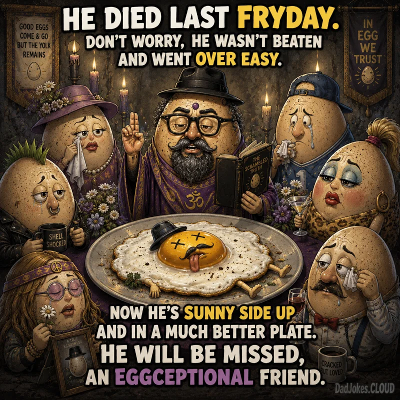 Eulogy at the Diner. He died last Fryday. Don't worry, he wasn't beaten and went over easy. Now he's sunny side up and in a much better plate. He will be missed, an eggceptional friend.