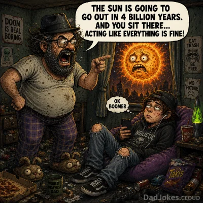 The sun is going to go out in 4 billion years. And you sit there… acting like everything is fine!